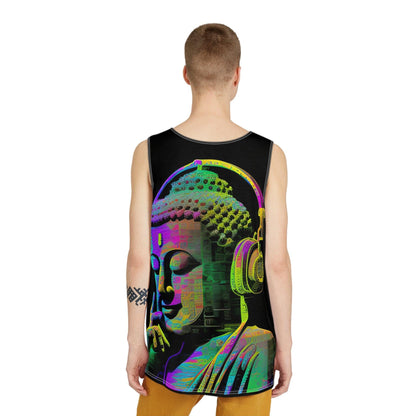 Subtle Smiling Buddha Wearing Headphones Sublimation Print All-Over Design Tank Top - Stylish Comfort for Gym and Streetwear - Alchemystics.org