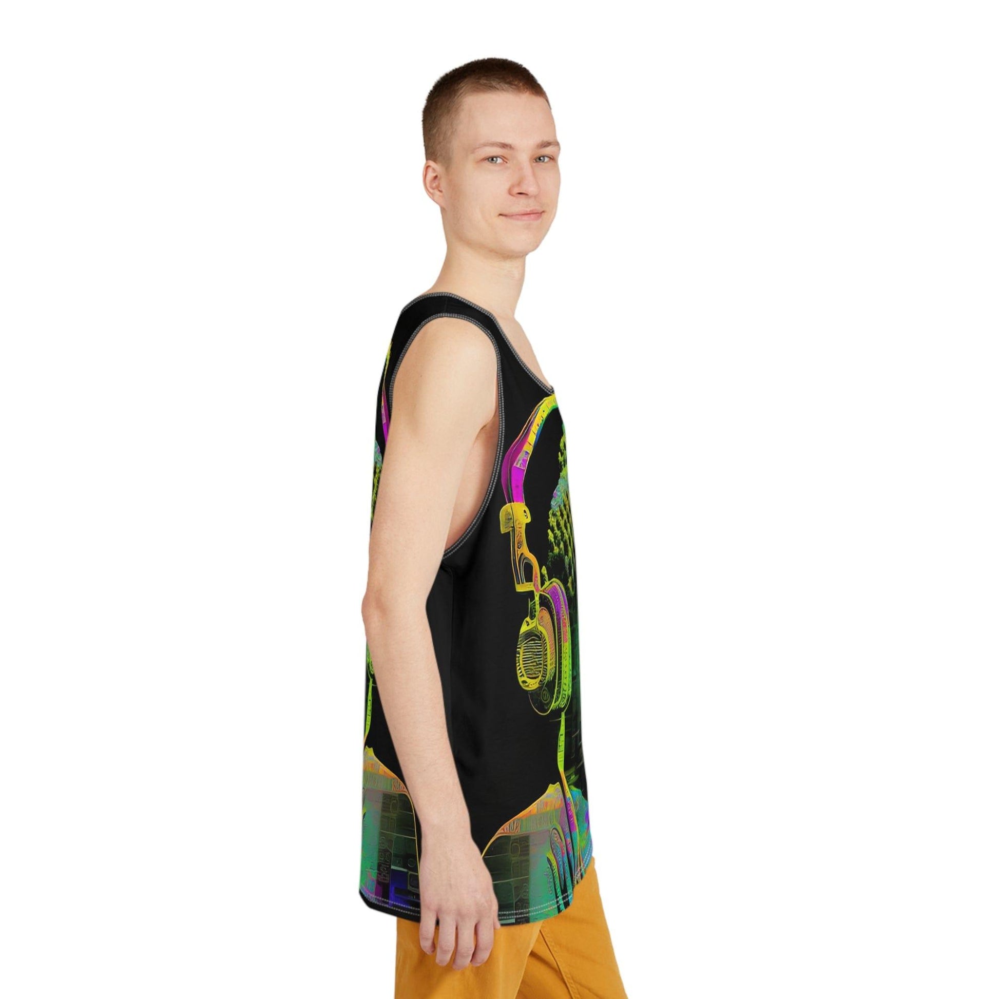 Subtle Smiling Buddha Wearing Headphones Sublimation Print All-Over Design Tank Top - Stylish Comfort for Gym and Streetwear - Alchemystics.org