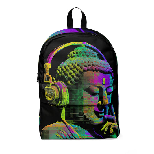 Subtle Smiling Buddha with Headphones Meta Zen Music Tribal Fusion Backpack Unisex Classic Backpack - Alchemystics.org